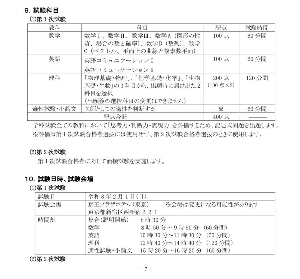 東京女子医科大学 一般選抜2026 試験会場